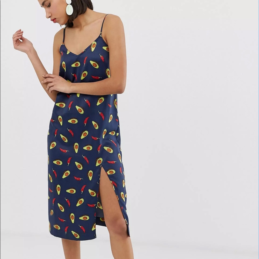 NWT Neon Rose midi slip dress with split in satin avocado print 🥑🌶